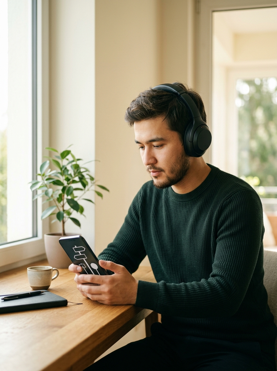 Telefonda audio dars tinglayotgan o‘quvchi tasviri